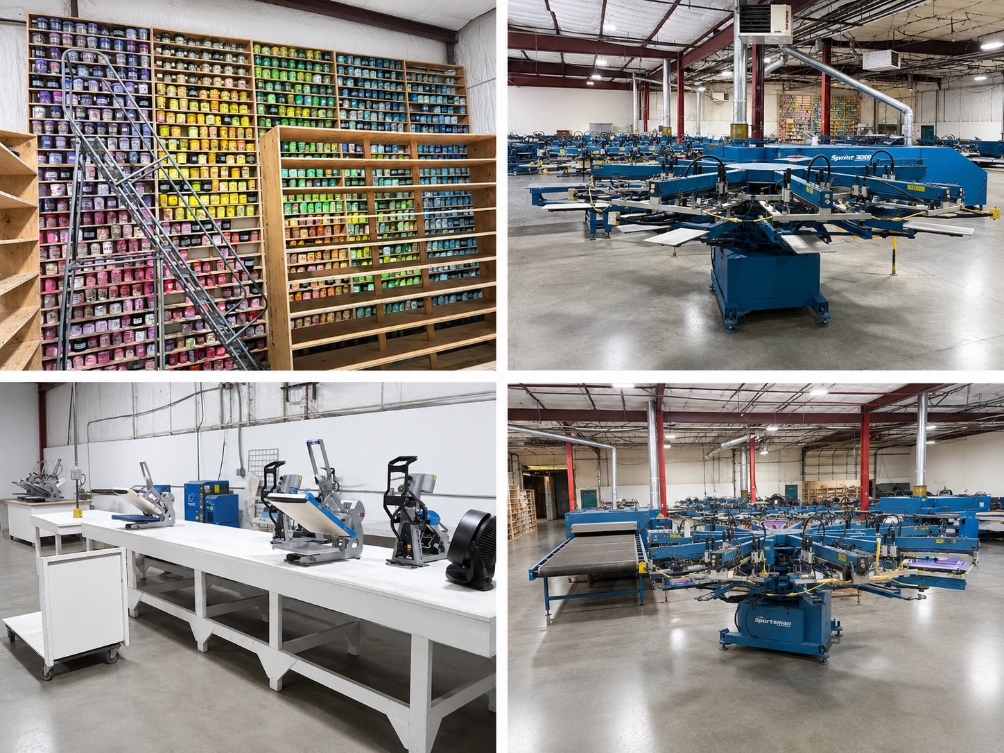 The Print Game production floor, presses, heat-transfer stations and ink library